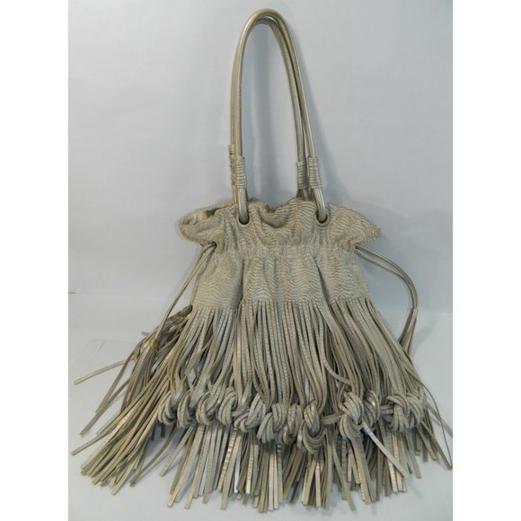 Edgy Boho Katherine Kwei Eternity Knot Dbl Layer Fringe Metallic Handbag Purse - Picture 12 of 16